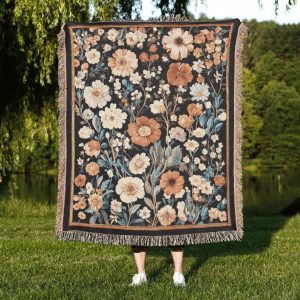 Dark Floral Woven Blanket A Tapestry Throw With Vintage Wildflowers